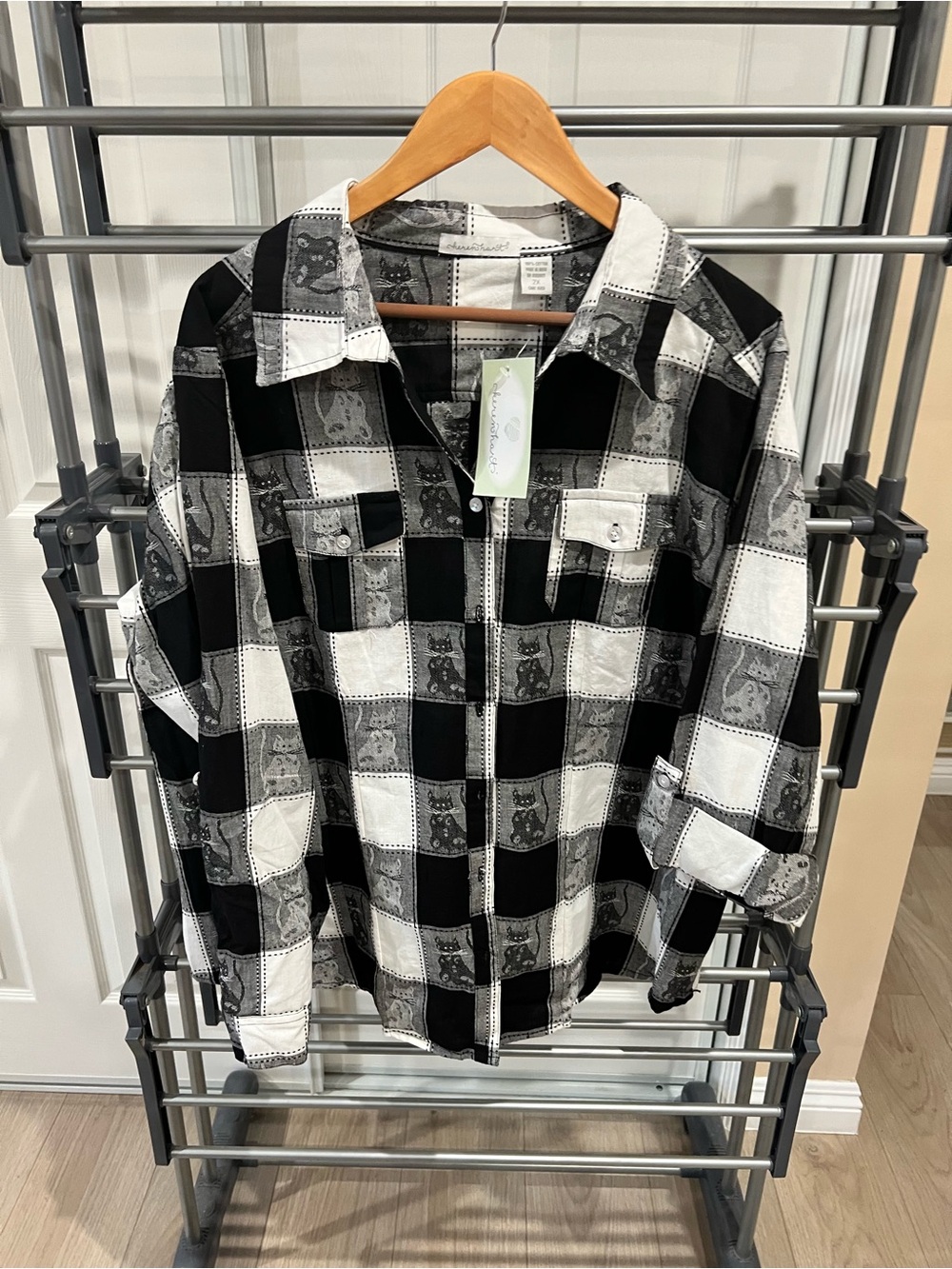 Black and White Checked Button-Up Blouse with Patch Detail